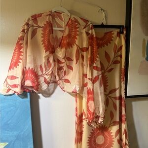 Floral Print Sheer Blouse and Skirt Set